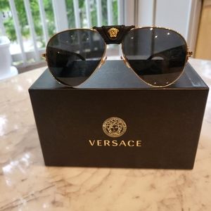 VERSACE luxury gold and black aviator sunglasses removable leather piece